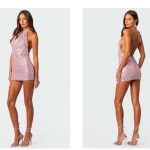 Gorgeous pink sparkle halter fully lined mini dress with tie neck -NEW WITH TAGS